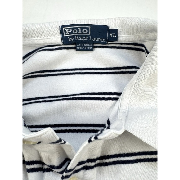 Polo Ralph Lauren Men's XL White Blue Striped Polo Shirt Short Sleeve Blue Pony - Picture 2 of 9